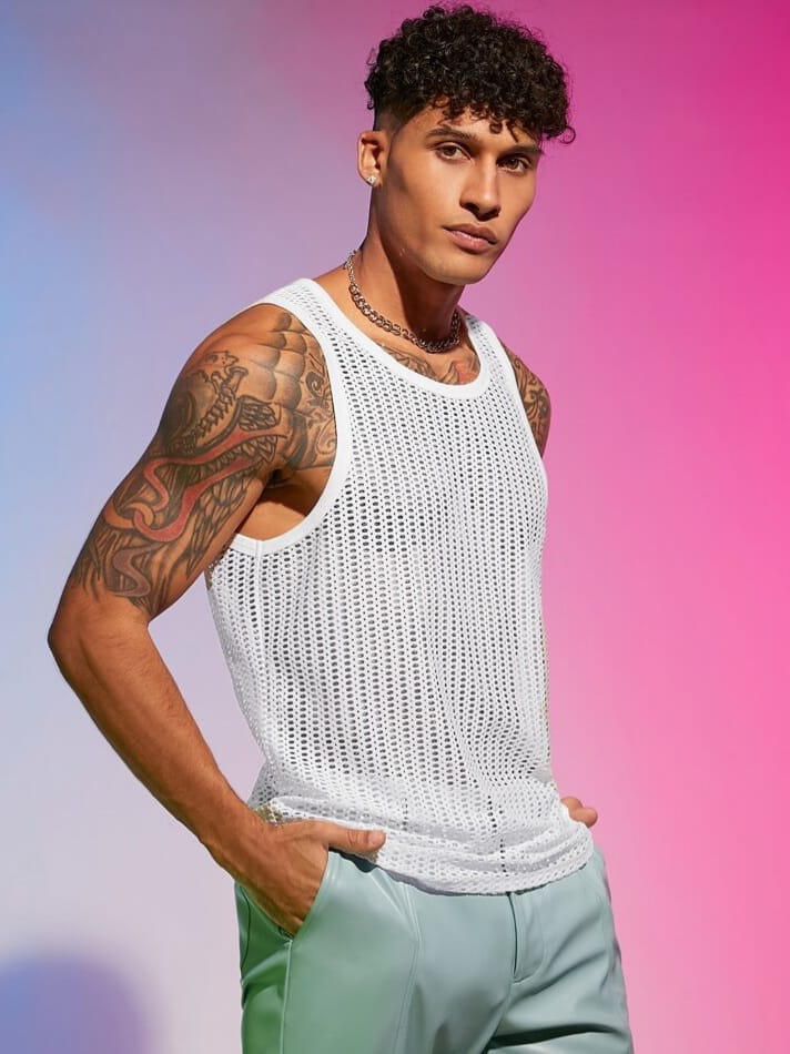 Men's Solid Hollow Out Rave Outfit Tank-Top